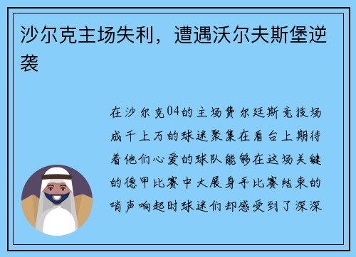 沙尔克主场失利，遭遇沃尔夫斯堡逆袭